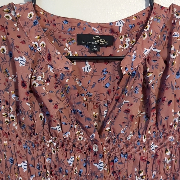 Suzanne Betro High Low Floral Mauve Dusty Rose Tunic Smocked Mini Dress Medium - Picture 3 of 7
